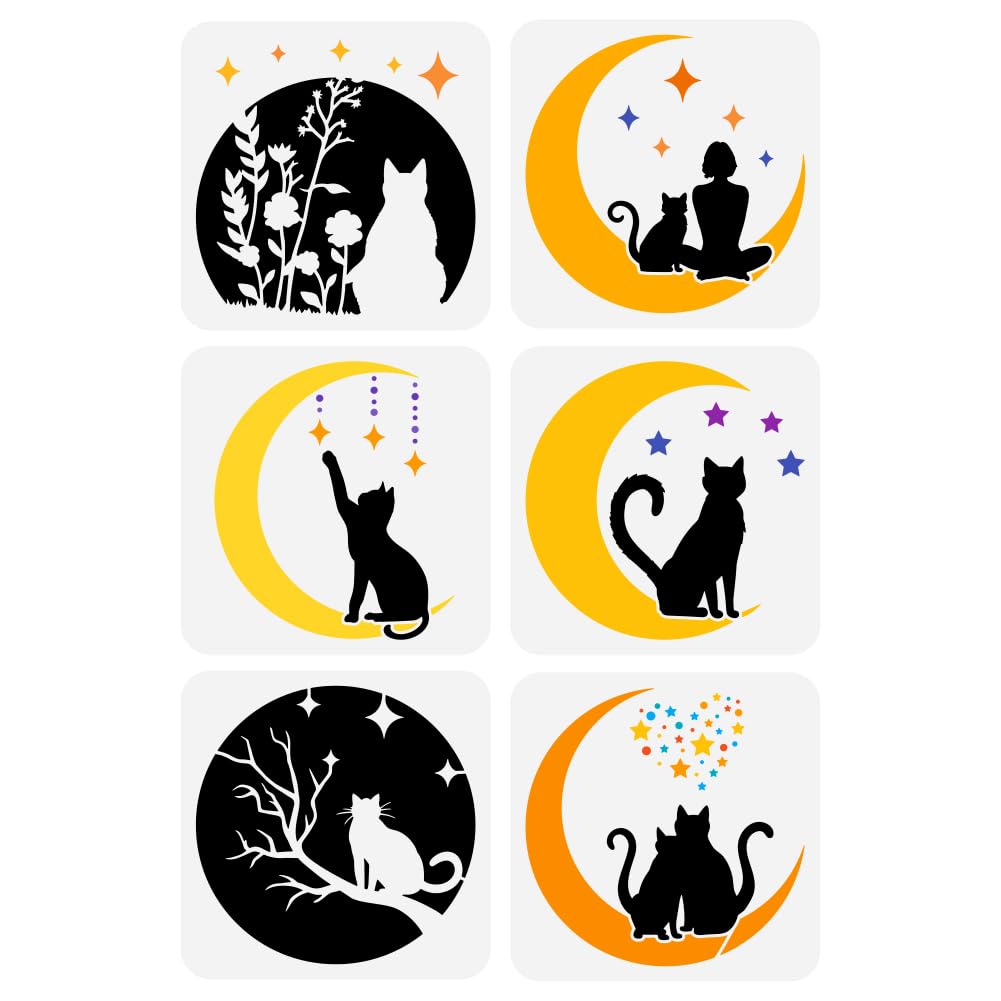 FINGERINSPIRE 6 PCS Moon Cat Painting Stencil 7.8x7.8inch Reusable Silhouette Template With Flower, Girl Stars, and Animal Theme Pattern for Painting on Wood Wall — image 1