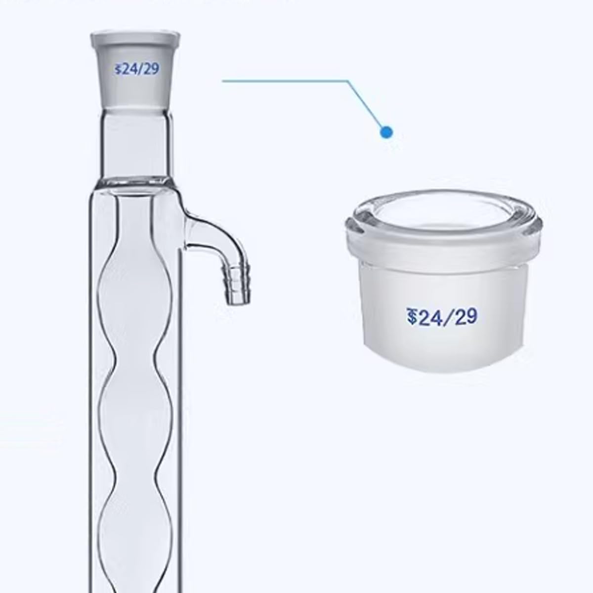 Condensador de vidrio de borosilicato con junta 24/29, aparato de destilación y reflujo de laboratorio de química con conexiones de manguera de vidrio, diseño esférico, 400 mm