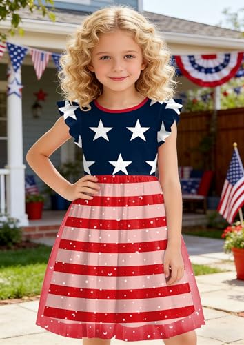 Image of Girls 4th of July Dress American Patriotic Outfit USA Independence Day Clothes Flutter Sleeve Tulle Tutu Dress 5-14y