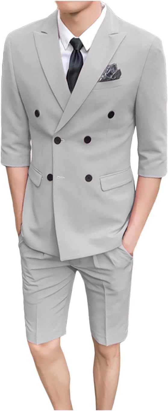 Wemaliyzd Modern Fit Young 2 Piece Suit Peak Lapel Blazer 1/2 Sleeves Short Pants