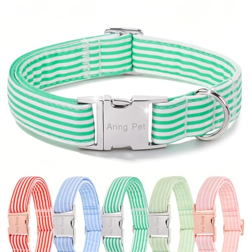 Image of ARING PET Cute Dog Collar for Puppy Small Medium Large Dogs-Teal Stripe L | Cute Heavy Duty Basic Pet Collars with Metal Buckle for XS S M L XL Dogs, for City Seaside Walk Coffee Shop Pool Party Stroll