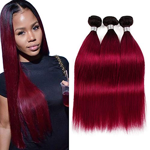 Ombre Hair 3 Bundles Black To Burgundy Straight Hair Weave Mixed Length18 20 22 Inch TwoTone Ombre 1B Red Human Hair Bundles Straight Hair Weft Extensions