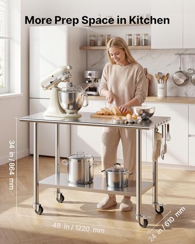 Image of VEVOR Stainless Steel Work Table, 24x48 inch Food Prep Table with Wheels and Backsplash, Commercial Kitchen Workstation with Adjustable Undershelf, Metal Utility Worktable, for Restaurant Home Outdoor