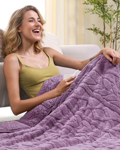 Cottonblue Jacquard Weighted Blanket 20 lbs for Adults Queen Twin Full Size, Fuzzy Sherpa Fleece Weighted Throw Blankets 60x80 in for Relax & Sleep, Cozy Heavy Bed Blankets with Cemaric Beads, Purple