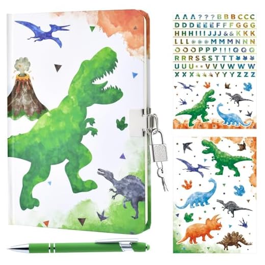 WERNNSAI Juego de Diario de Dinosaurios de Acuarela Regalo Cuaderno Luminoso para Niños Escuela Chicas Diario Privado Notas Forradas Escritura Bloc de Notas Bolígrafo Pegatinas con Candado y Llaves