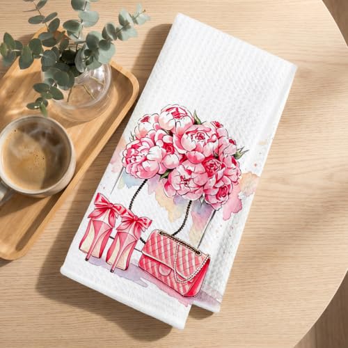 Image of 2 Pcs Pink Hand Towels, Perfume Flower Decor Reusable Dish Towels | Fashion Gifts for Women Girls Mom Friend, Waffle Weave Microfiber Towels for Bathroom Home Decor 24x14 Inch