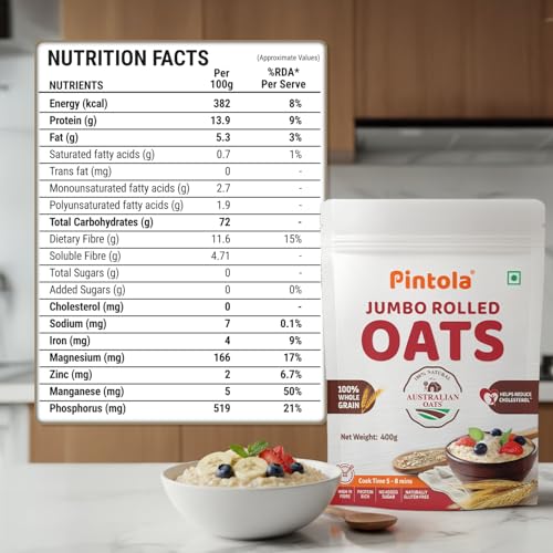 Image of Pintola Oats 400g, Rolled Oats, Diet Food, Weight Management, Natural Whole Grain, High in Fibre & Protein, Jumbo Rolled Oats, Breakfast Cereals, Gluten Free Oatmeal, Dalia Porridge