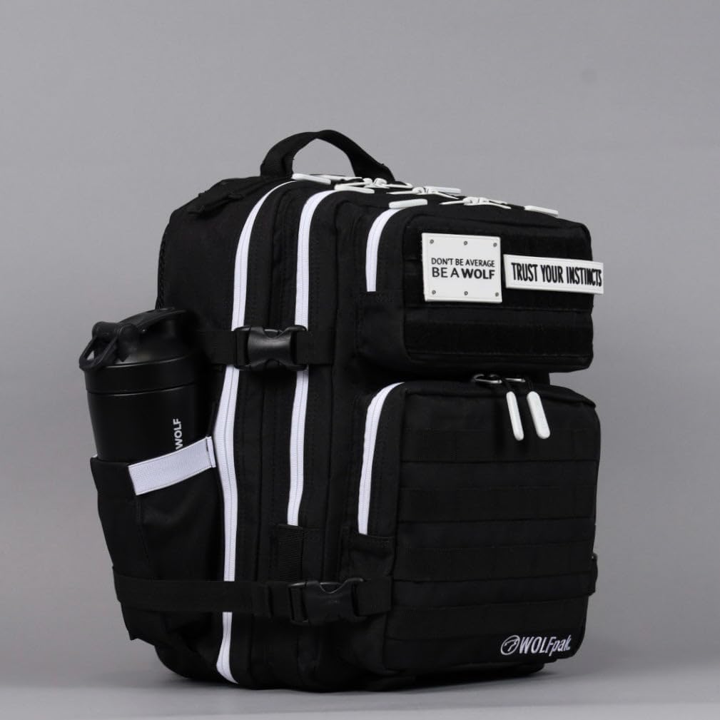 WOLFpak 25L Athletic Gym Backpack (Alpha Black w/White Accents) Durable 1000D Waterproof Oxford Material with MOLLE Webbing, Laptop Pocket & Dual Cup Holders