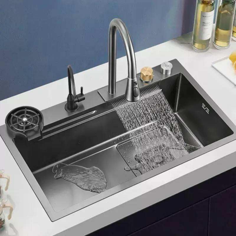 Ramoni Kitchen Sink 304 Stainless Steel Multifunctional Basin with Honeycomb Black Finish, Fully Equipped Waterfall Integrated Pull Down Faucet & Cup Washer (24x18x9)-image-9