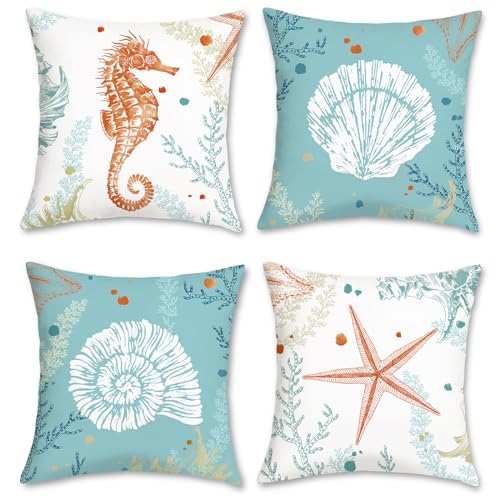 Bonhause Lot de 4 Housse de Coussin Océan 45 x 45 cm Hippocampe Étoile de Mer Plage Velours Doux Bleu Côtier Décoratif Taie d'oreiller pour Canapé Lit...