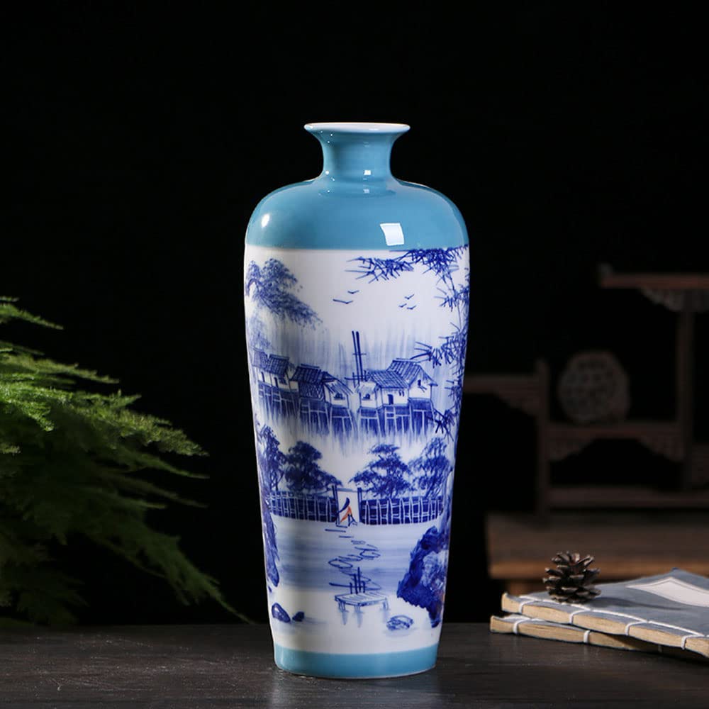 asdchZen Blue And White Vase, Blue Vases Home Décor, Chinoiserie Vase, Blue And White Porcelain, Ceramic Vase For Home, Living Room, Bookshelf, Mantle Fireplace,Table Centerpieces,12.6,D