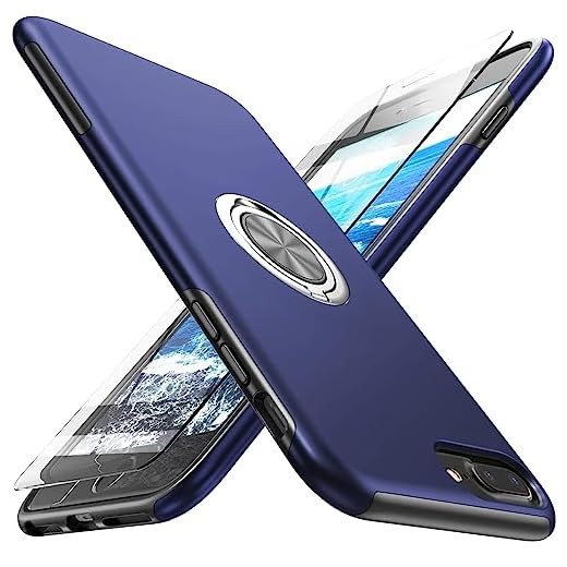 Yamink for iPhone 8 Plus Case with Screen Protector,Cover for iPhone 7 Plus/6S Plus/6 Plus,Hybrid 2 in 1 Protective Slim Fit Phone Case with Invisible Magnetic Ring Kickstand,Blue
