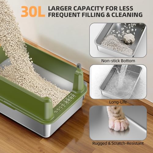 Image of WoofiGo Enclosed Stainless Steel Cat Litter Box with Lid, XL Extra Large Litter Box for Big Cats, Metal Litter Pan High Sided, Never Absorbs Odors, Anti-Urine Leakage, Include Scoop (65-Green)