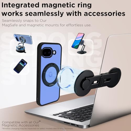 Image of RIGGEAR Shockproof Sleek Hybrid Armor 360 Rotating Magnetic Ring Stand Back Cover Case Compatible with MagSafe Accessories for Google Pixel 10a (Clear PC + Black TPU Bumper)