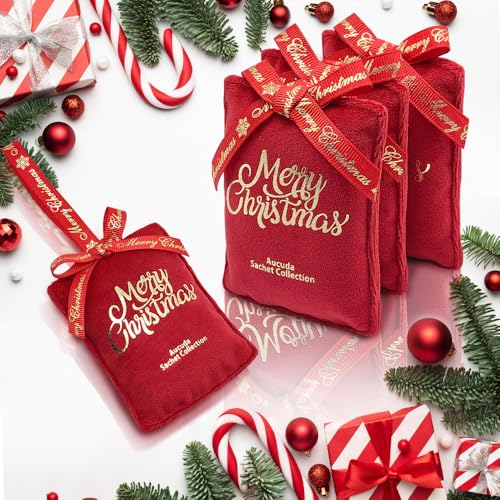 AUCUDA Merry Christmas 4pcs Sachet Bags Apple Cinnamon Scented for Drawers and Closets, Potpourri Packets for Women Outfit, Winter Red Fragrance Pillow for Bedroom Indoor, Fresheners for Wedding