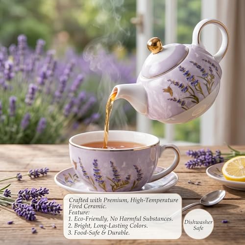 Tea For One Set de cerámica púrpura: juego de tetera individual con platillo de lavanda 4
