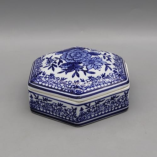 Eastern tide Caja decorativa de porcelana, diseño floral azul y blanco, forma hexagonal