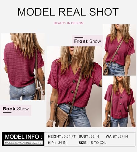 Image of Dokotoo Womens Summer Tops 2026 Waffle Knit Button Down Shirts | Trendy,V Neck,Loose Fit,Jacket,Short Sleeve,Summer Cardigan,Cropped,Shacket,Going Out Outfits,Dressy