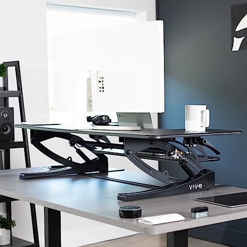 Image of VIVO Black 48 inch Standing Desk Converter, DESK-V048V | Extra Large, Height Adjustable, Stand Up Desk Riser, Wide Keyboard Tray, Dual Monitor and Laptop Workstation, V Series