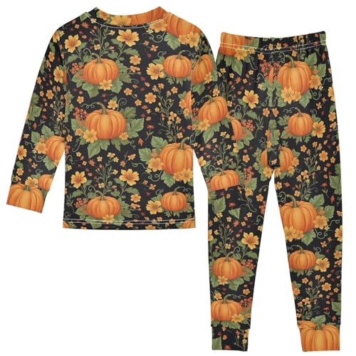 Pajama Sets Long Sleeve Pumpkin Floral Black Background Soft Comfy Sleepwear 2 Piece PJS 3-8T3