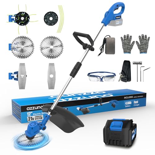 AZZUNO 21V 12-inch Brushless Weed Wacker Cordless Grass Eater Electric Lawn String Trimmer, Lightweight Brush Cutter 4.0Ah Battery Powered with Charger and Blades for Garden Yard