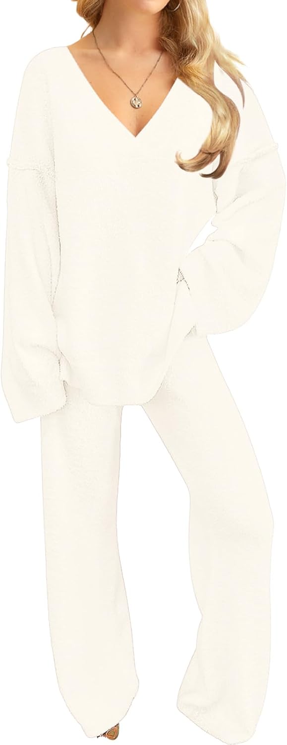 NORACORA Womens 2 Piece Fuzzy Fleece Lounge Sets Long Sleeve V Neck Pajama Set Fluffy Pjs Matching Loungewear