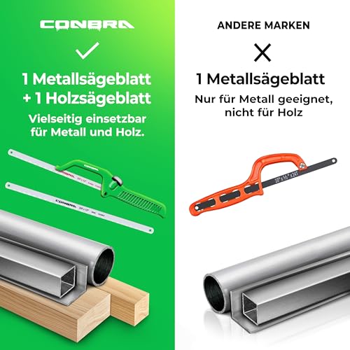 Conbra® Bügelsäge 300mm - Metallsäge 300 mm mit Holz Sägeblatt + Metall Sägeblatt - Präzises abschneiden von Schrauben und Nägel