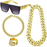 Los accesorios de los años 80 y 90 para mujeres y hombres incluyen 1 collar, 1 pulsera, 1 gafas, 1 anillo. Los colores dorados adecuados combinan perfectamente con tus disfraces de hip-hop de los años 80 y 90.