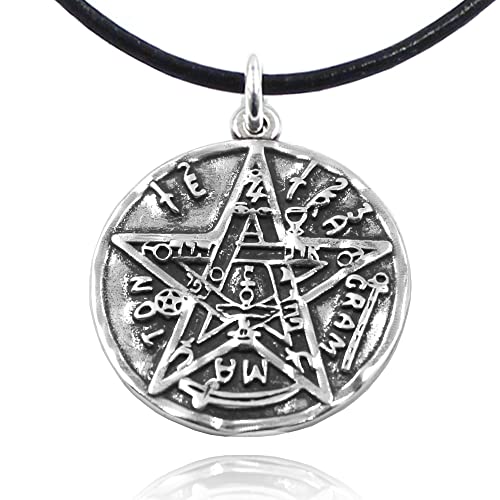 Collar colgante Tetragramaton de 30mm en plata, amuleto de plata envejecida