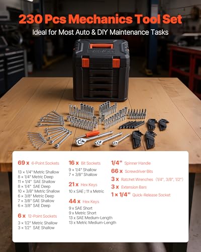 Image of VEVOR Mechanics Tool Set, 230-Piece Mechanic Tool Kit, 1 /4 in, 3 /8 in, and 1 /2 in Drive, SAE and Metric Socket Set, Wrenches, Screwdriver Bits, Accessories, and Storage Case, for Automotive Repair