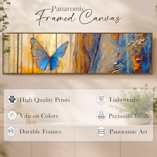 Image of Large Canvas Painting Panel Framed Wall Painting Abstract Blue Butterfly Framed Luxury Paintings for Home Decoration, Living room, Bedroom and Office Decoration - Blue, 13x47 Inch