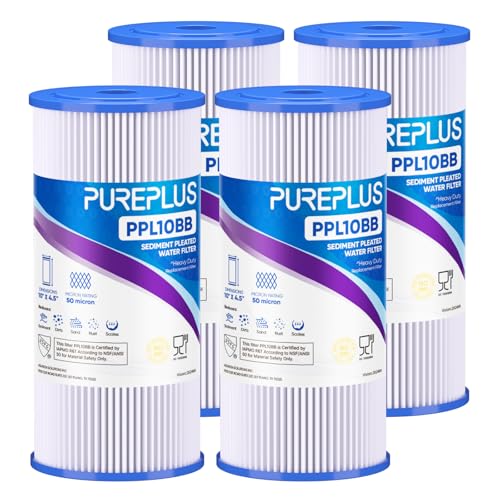 PUREPLUS 50 Micron 10" x 4.5" Extra Coarse Pleated Sediment Filter for Well Water, Replacement Cartridge for GE FXHSC, Culligan R50-BBSA, Pentek R50-BB, DuPont WFHDC3001, W50PEHD，GXWH40L, 4Pack