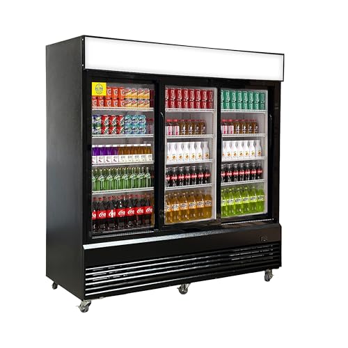 Elite Kitchen Supply Commercial 3 Glass Door Merchandiser, Slide Door, 78W x 80H inches, Display Refrigerator, 59 cu. ft, Black CSM-68RS