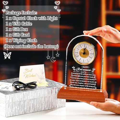 Image of Ornalrist Happy Retirement Clock Gifts for Women Men Glass Retirement Clock with Wooden Light Base Farewell Going Away Keepsake for Retired Woman Coworker Teacher Boss Leader Nurse