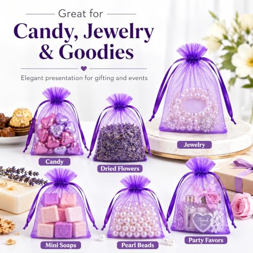 Image of Hopttreely 50pcs Purple Organza Bags, 4x4.72 inch Mesh Bags Drawstring Gift Bags Jewelry Pouches for Candy Wedding Favors Christmas, Bridal Showers, Candy, Jewelry & Goodie Bags