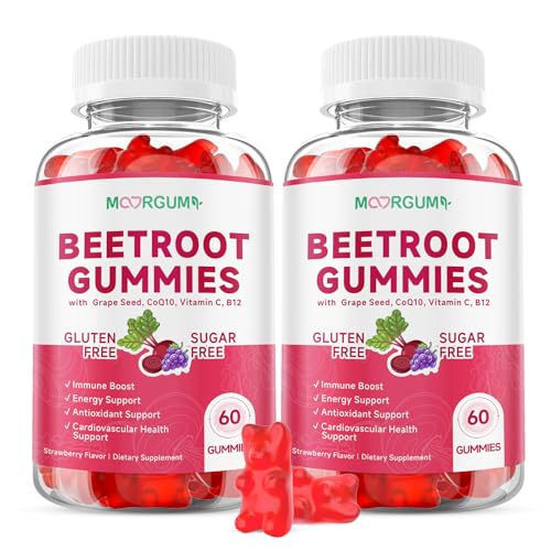 MOORGUMY Beetroot Gummies with Grape Seed, Niacin, CoQ10, Vitamin C, B12, L-Citrulline & L-Arginine, Antioxidant Support, Sugar-Free Beet Root Supplement for Women & Men, 120 Count