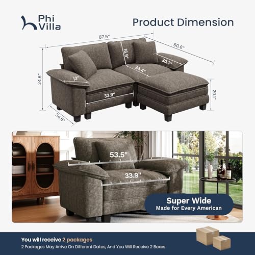 Image of PHI VILLA 87.5 inch Oversized Sectional Loveseat Sofa with 1 Movable Ottoman | Chenille Smoky Grey, Wider Armrest, Comfy Deep Seat, Wood Frame, Modern Cloud Modular Couch for Living Room and Apartment