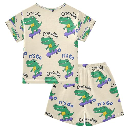 senya Short Sleeve Pajamas Sets Summer Cotton Sleepwear Green Crocodile Skateboard2