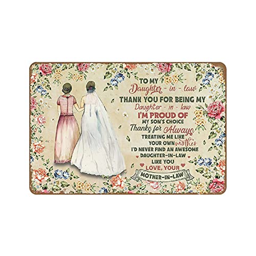 Bioputty Póster con texto en inglés "To My Daughter in Law", regalo para nuera, regalo para nuera, novedad, letrero de metal retro, decoración del hogar, placa de arte de pared, letrero de granja,