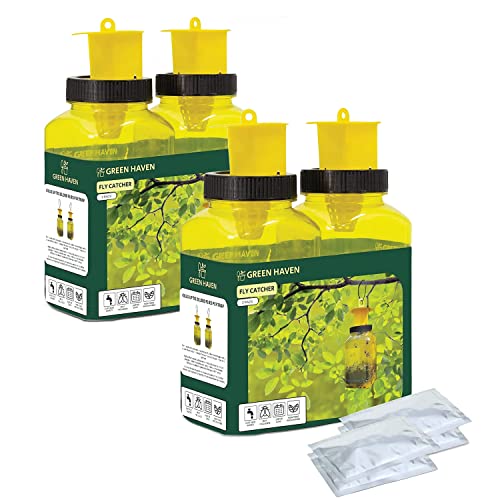 GREEN HAVEN 4 Pack Fly Trap – 4 Pack Fly Catcher for Outdoor Use – Super Effective Fly Catchers, Refillable Insect Attractant - Fly Traps Outdoor Fly Repellent