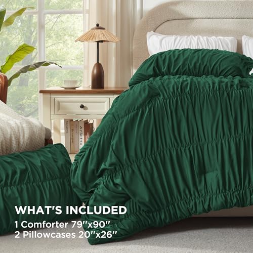 Image of Andency Ruched Dark Emerald Green Full Size Comforter Sets, Shabby Chic Pleatd Bedding Sets 3 Pieces, Lightweight Soft Boho Ruffle Bed Set for Girls, Kids, Women, All Season