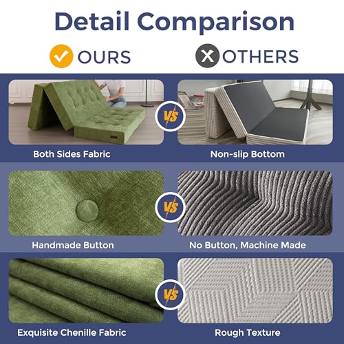 Image of MAXYOYO 6 inch Folding Sofa Bed for Floor, Tufted Tri-Fold Floor Mattress with Chenille Fabric, Full Size Portable Sofa Couch Guest Mat for Adults, Foldable Topper for Camping, Green, 53 inchx75 inch