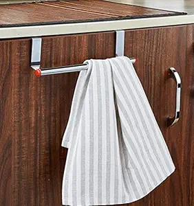 Mziart Over Cabinet Door Kitchen Towel Holder, Stainless Steel Towel Holder, Cabinet Hanger, Towel Bar (Length : 23 cm) (Silver-Red, Pack of 1)