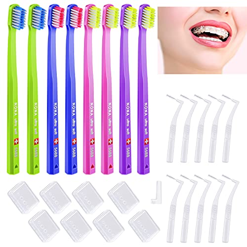 8 Pieces Orthodontic Toothbrush V Trim End Toothbrush V-shaped Toothbrush Soft Bristle Toothbrush with Interproximal Head Toothbrush for Cleaning Ortho Braces, 4 Colors