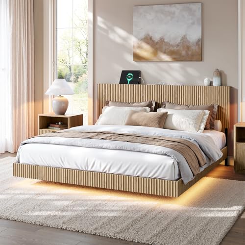Evermagin Oak King Floating Bed Frame with Headboard, Boho Fluted Platform Bed with LED Lights, Heavy Duty Floating Bedframe with Charging Station, No Box Spring Needed