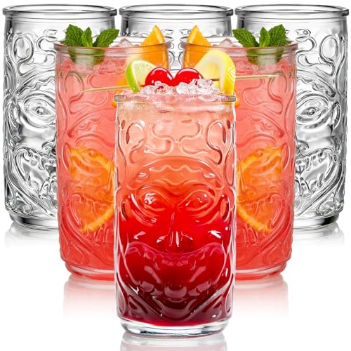 Pumtus 6 Pack Tiki Glasses 18 OZ Clear Tiki Cocktail Cups Exotic Tropical Shot Drink Mug Modern Hawaiian Party Glasses Mixed Drinking Tumbler for Tiki Bar Lemonade Ice Tea