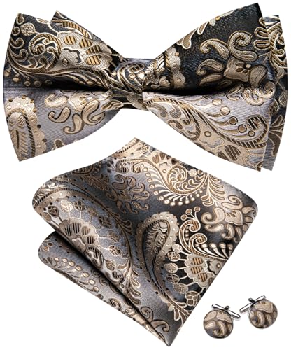 Image of Barry.Wang Paisley Striped Bow Tie for Men Silk Pre-Tied Bowtie Pocket Square Cufflinks Set Formal Wedding Party Prom