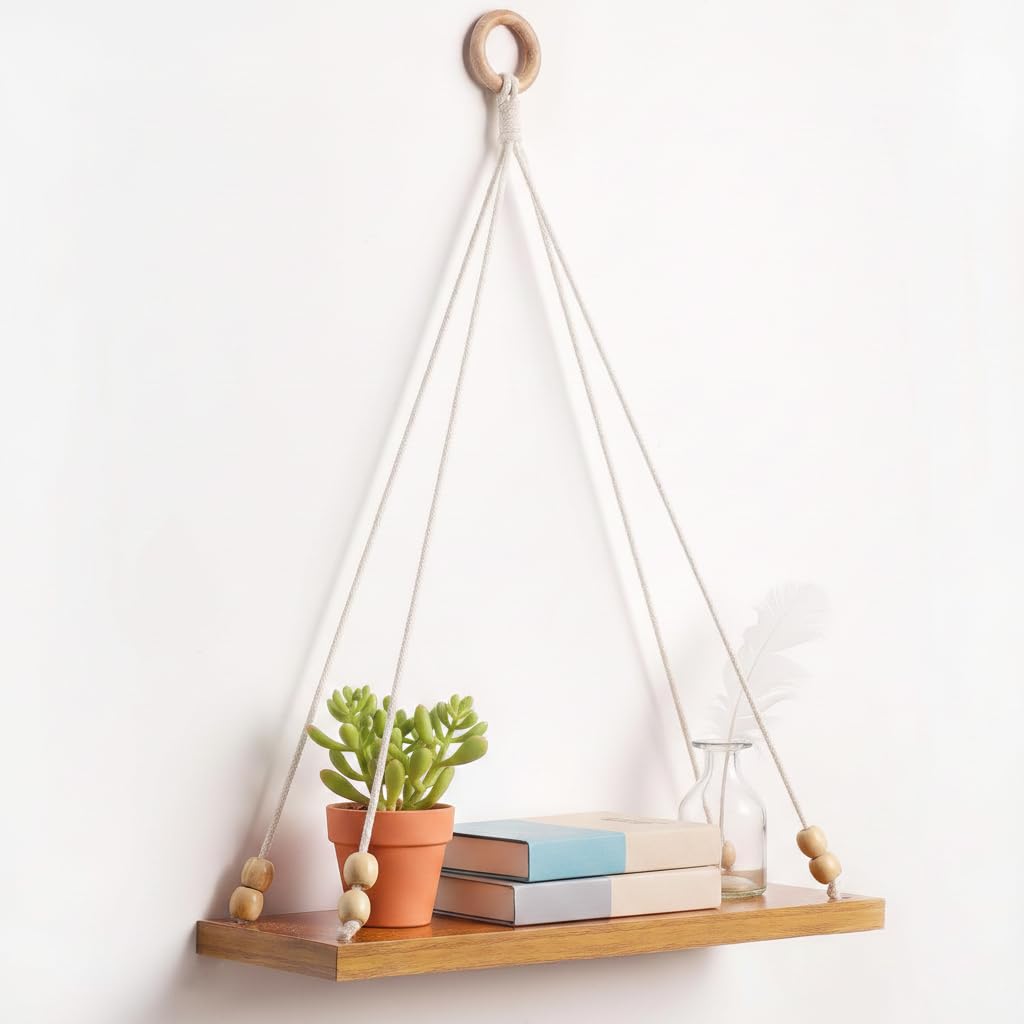 Decazone ® Macrame Wall Hanging Shelf Wood Floating Shelves with Wooden Beads & Ring Modern Chic Decor for Dorm Living Room Nursery Gift Item 55 x 43 cm Beige (Prime Brown Shelves)-image-38