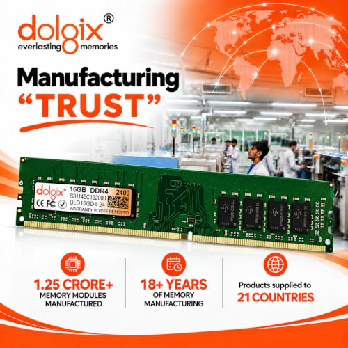 Image of Dolgix 16GB DDR4 2400MHz Desktop RAM (Memory) U-DIMM | Long-DIMM | CL- 17 | PC4-19200 (1Rx8) 3 Year Warranty (Made in India)
