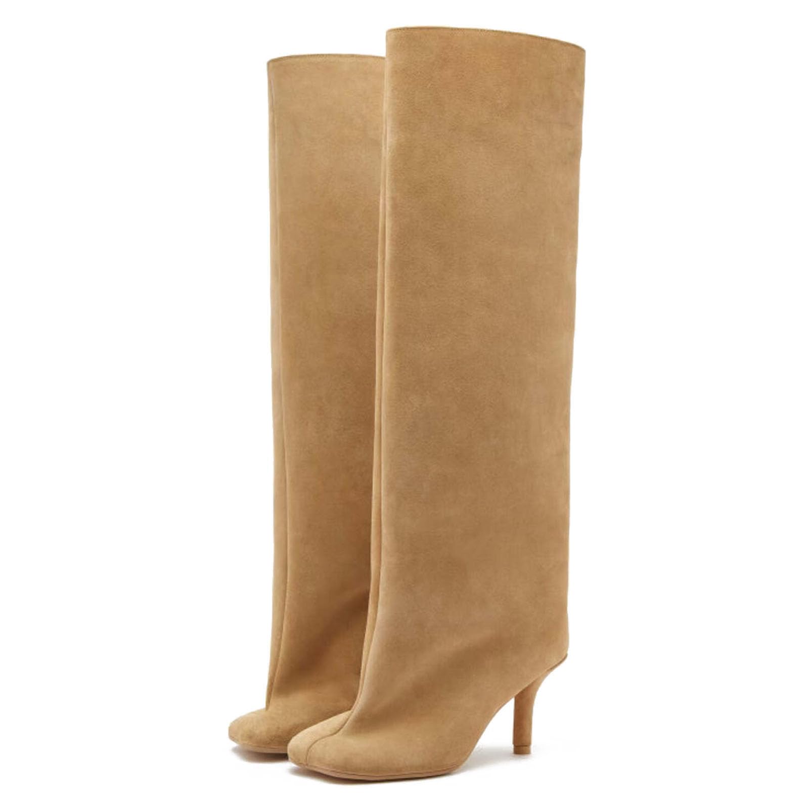 Yishaweiqi Camel Suede Knee High Boots for Women Square Toe Stiletto Heel Long Boots Wide-Calf Stylish Comfortable Fall Boots Pull On Tall Boots